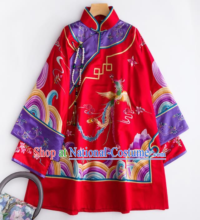 Chinese Traditional National Costume Tang Suit Embroidered Red Silk Blouse for Women