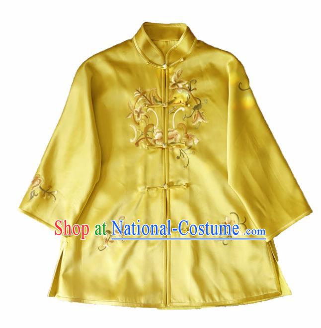 Chinese Traditional National Costume Ancient Qing Dynasty Embroidered Peony Yellow Silk Blouse for Women