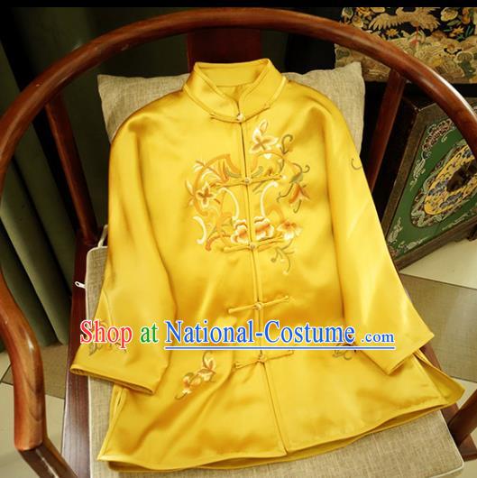 Chinese Traditional National Costume Ancient Qing Dynasty Embroidered Peony Yellow Silk Blouse for Women