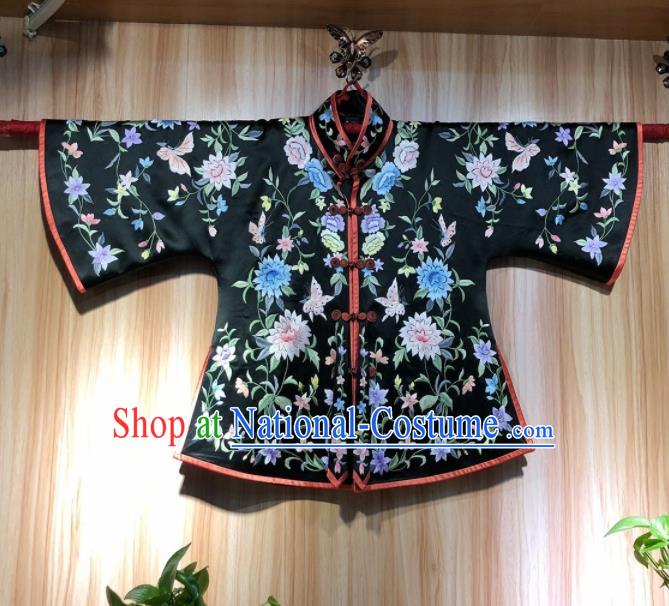 Chinese Traditional National Costume Ancient Qing Dynasty Embroidered Black Silk Blouse for Women