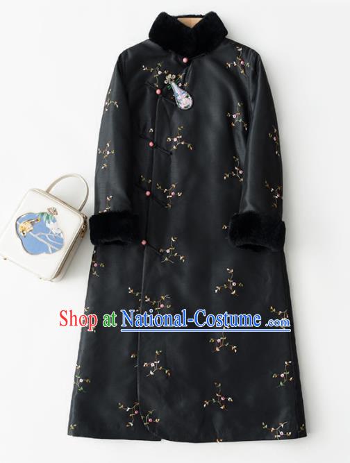 Chinese Traditional Costume National Winter Cheongsam Embroidered Black Qipao Dress for Women