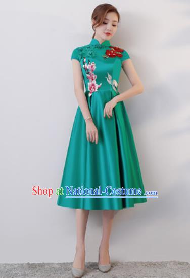 Chinese Traditional National Costume Classical Cheongsam Embroidered Green Satin Qipao Dress for Women