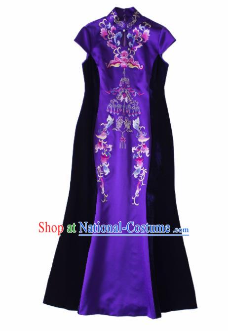 Chinese Traditional Costume National Cheongsam Embroidered Purple Qipao Dress for Women