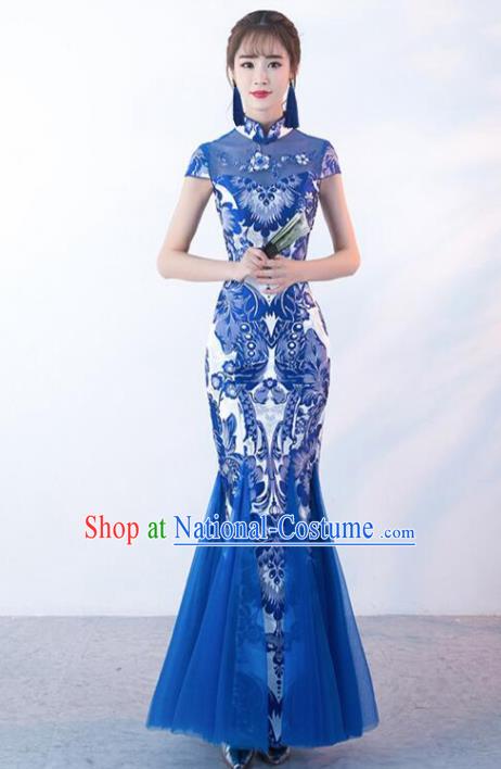 Chinese Traditional Cheongsam Costume Classical Embroidered Blue Veil Full Dress for Women