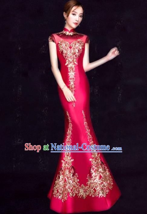 Chinese Traditional Fishtail Cheongsam Costume Classical Embroidered Rosy Full Dress for Women