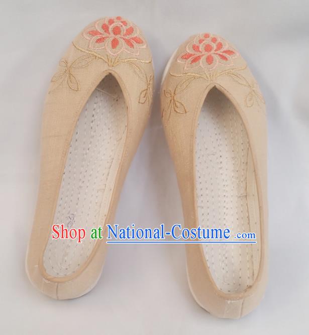 Chinese National Beige Linen Shoes Traditional Cloth Shoes Hanfu Shoes Embroidered Lotus Shoes for Women