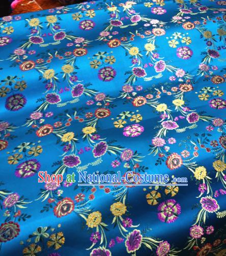 Chinese Traditional Buddhism Flowers Pattern Design Blue Brocade Silk Fabric Tibetan Robe Satin Fabric Asian Material