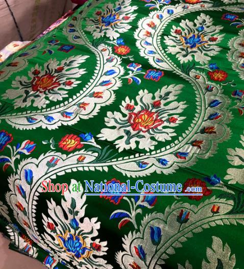 Chinese Traditional Buddhism Flowers Pattern Design Green Brocade Silk Fabric Tibetan Robe Satin Fabric Asian Material