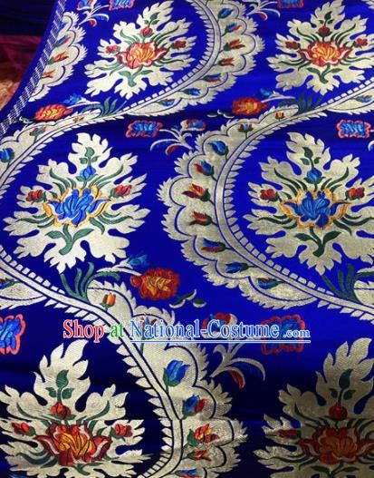 Chinese Traditional Buddhism Flowers Pattern Design Royalblue Brocade Silk Fabric Tibetan Robe Satin Fabric Asian Material