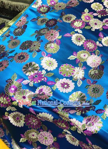 Chinese Traditional Buddhism Daisy Pattern Design Blue Brocade Silk Fabric Tibetan Robe Satin Fabric Asian Material