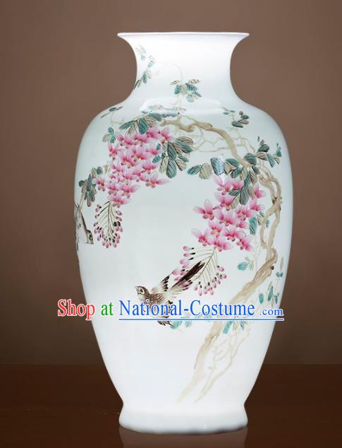 Chinese Jingdezhen Ceramic Hand Painting Wisteria Powder Enamel Vase Handicraft Traditional Porcelain Vase