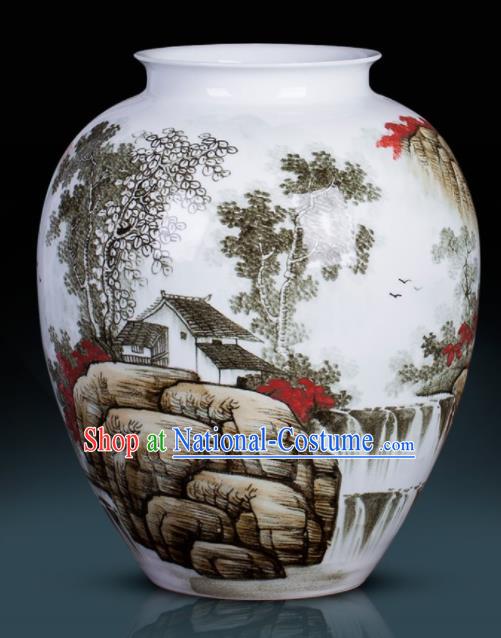 Chinese Jingdezhen Ceramic Craft Hand Painting Landscape Bocksbeutel Vase Enamel Handicraft Traditional Porcelain Vase