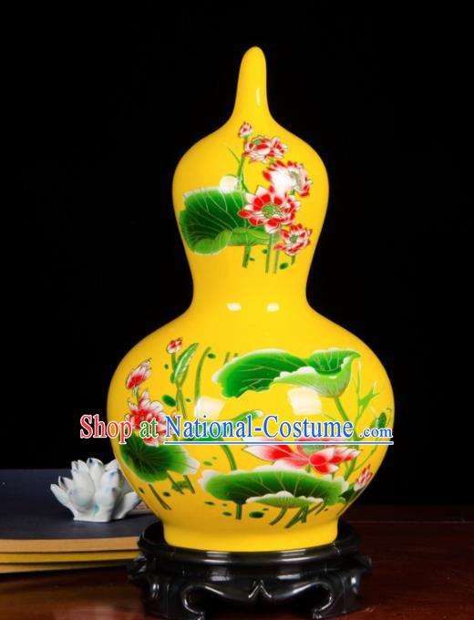 Chinese Jingdezhen Ceramic Craft Hand Painting Lotus Yellow Enamel Calabash Vase Handicraft Traditional Porcelain Vase