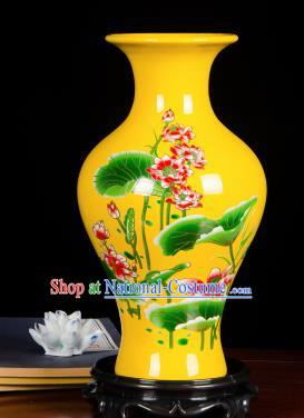 Chinese Jingdezhen Ceramic Craft Hand Painting Lotus Yellow Enamel Fishtail Vase Handicraft Traditional Porcelain Vase