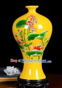 Chinese Jingdezhen Ceramic Craft Hand Painting Lotus Yellow Enamel Prunus Vase Handicraft Traditional Porcelain Vase