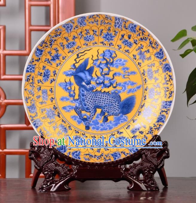 Chinese Traditional Hand Painting Kylin Decoration Enamel Dish Jingdezhen Ceramic Handicraft