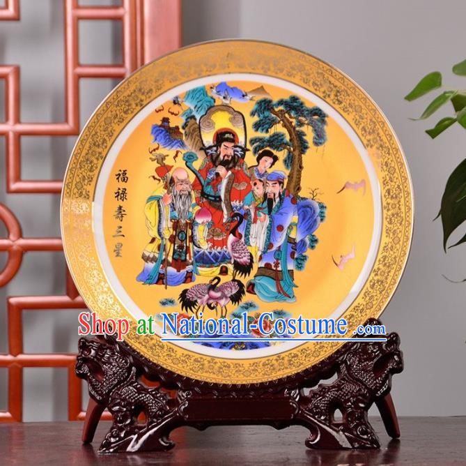 Chinese Traditional Hand Painting Three Stars of Luck Decoration Enamel Dish Jingdezhen Ceramic Handicraft