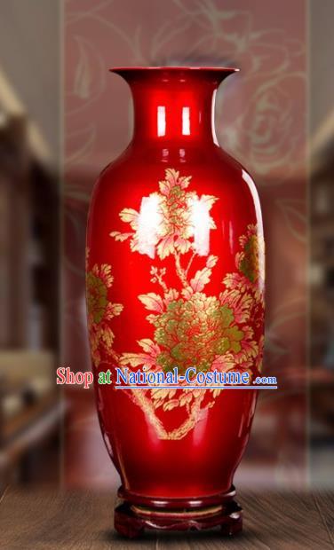 Chinese Jingdezhen Ceramic Craft Printing Peony Pattern Red Enamel Vase Handicraft Traditional Porcelain Vase