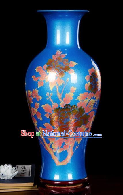 Chinese Jingdezhen Ceramic Craft Printing Peony Pattern Blue Enamel Vase Handicraft Traditional Porcelain Vase