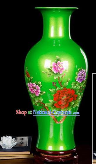 Chinese Jingdezhen Ceramic Craft Printing Peony Pattern Green Enamel Vase Handicraft Traditional Porcelain Vase