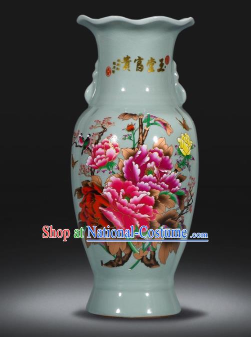 Chinese Jingdezhen Ceramic Craft Printing Peony Enamel Vase Handicraft Traditional Porcelain Vase