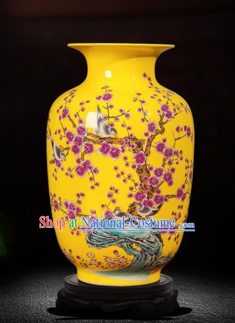 Chinese Jingdezhen Ceramic Craft Printing Plum Blossom Yellow Enamel Vase Handicraft Traditional Porcelain Vase