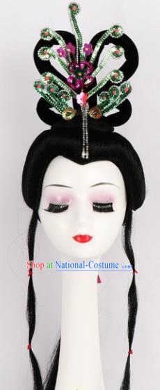 Chinese Ancient Peri Wigs and Green Phoenix Tassel Hairpins Traditional Peking Opera Artiste Hair Accessories for Women