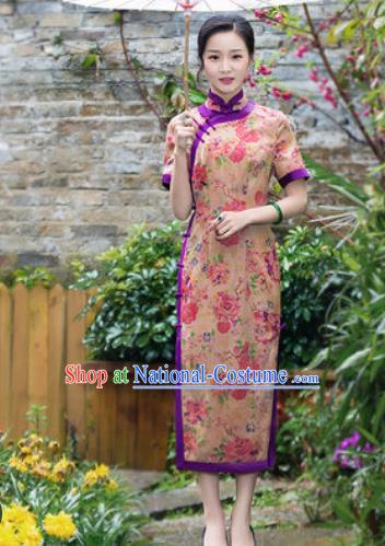 Chinese Traditional National Costume Tang Suit Printing Silk Qipao Dress Cheongsam for Women