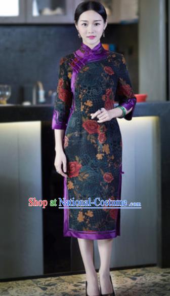 Chinese Traditional Tang Suit Atrovirens Silk Qipao Dress National Costume Cheongsam for Women