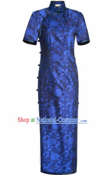 Chinese Traditional Tang Suit Qipao Dress National Costume Blue Silk Cheongsam for Women