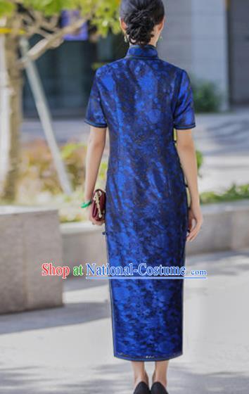 Chinese Traditional Tang Suit Qipao Dress National Costume Blue Silk Cheongsam for Women