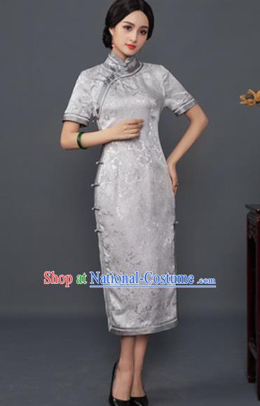 Chinese Traditional Tang Suit Qipao Dress National Costume Grey Silk Cheongsam for Women