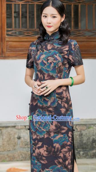 Chinese Traditional Printing Peony Navy Silk Cheongsam Tang Suit Qipao Dress National Costume for Women