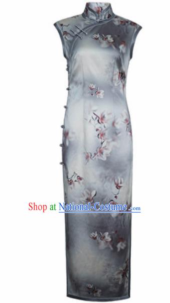 Chinese Traditional Printing Grey Silk Cheongsam Tang Suit Qipao Dress National Costume for Women