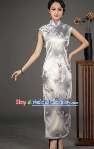 Chinese Traditional Printing Grey Silk Cheongsam Tang Suit Qipao Dress National Costume for Women