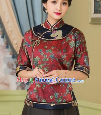 Chinese Traditional Tang Suit Upper Outer Garment Printing Plum Blossom Red Silk Blouse National Costume for Women