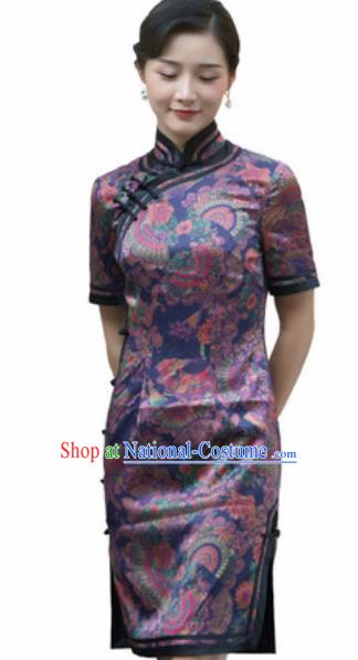 Chinese Traditional Printing Purple Silk Cheongsam Tang Suit Qipao Dress National Costume for Women