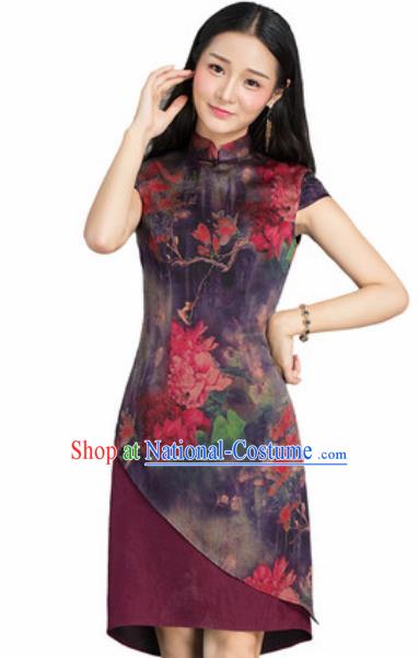 Chinese Traditional Printing Peony Purple Silk Cheongsam Tang Suit Qipao Dress National Costume for Women