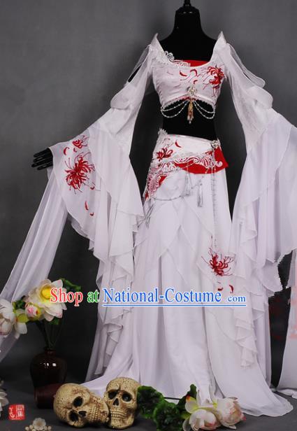 Chinese Traditional Cosplay Peri Costume Ancient Swordswoman White Hanfu Dress for Women