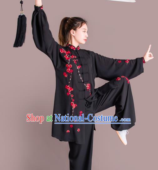 Chinese Traditional Kung Fu Competition Black Costume Martial Arts Tai Chi Embroidered Plum Blossom Clothing for Women