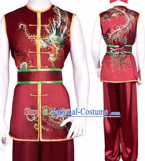 Chinese Traditional Kung Fu Competition Embroidered Dragon Wine Red Costume Tai Chi Martial Arts Clothing for Men