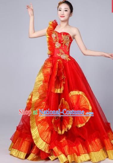 Chinese Traditional Spring Festival Gala Dance Costume Opening Dance Stage Performance Red Veil Dress for Women