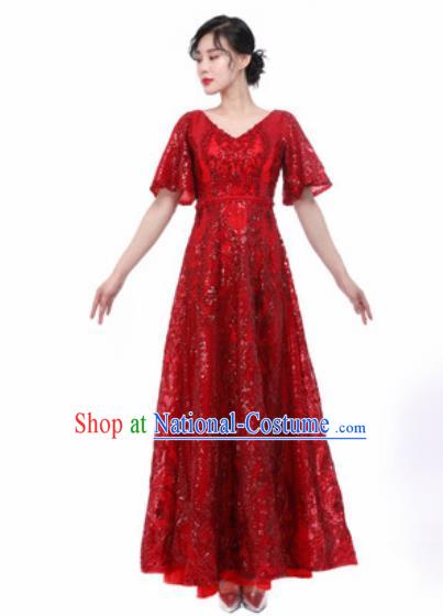 Chinese Traditional Chorus Wine Red Dress Opening Dance Stage Performance Costume for Women