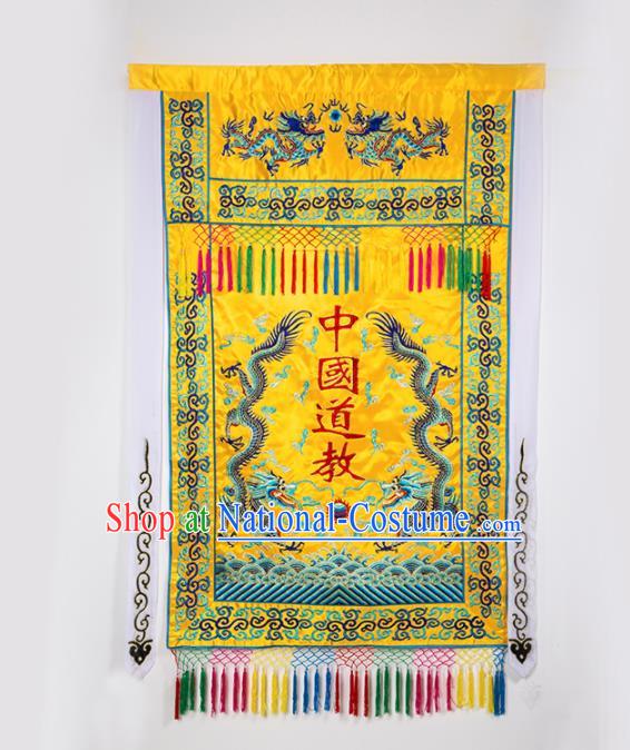 Chinese Traditional Taoism Feng Shui Items National Taoist Embroidered Dragons Golden Flag