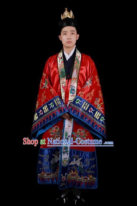 Chinese National Taoist Priest Embroidered Cranes Red Cassock Traditional Taoism Costume for Men