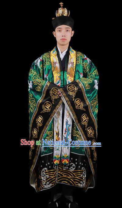 Chinese National Taoist Priest Embroidered Cranes Green Cassock Traditional Taoism Costume for Men