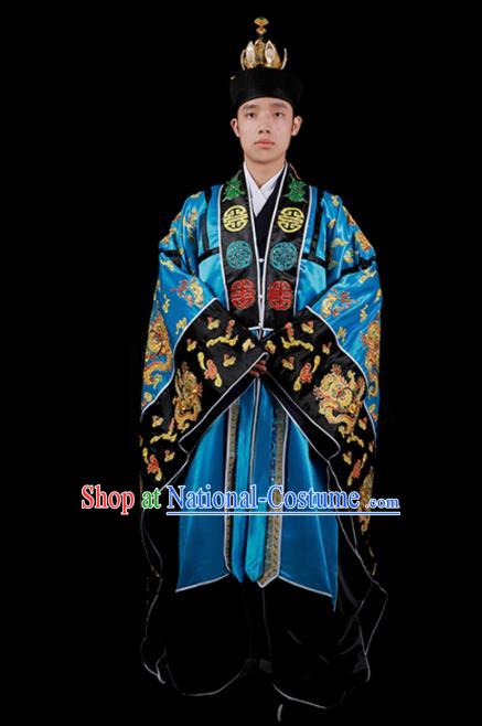 Chinese National Taoist Priest Embroidered Dragons Blue Cassock Traditional Taoism Costume for Men