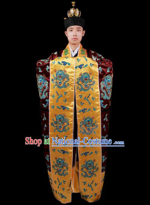 Chinese National Taoist Priest Embroidered Dragon Wine Red Cassock Traditional Taoism Costume for Men