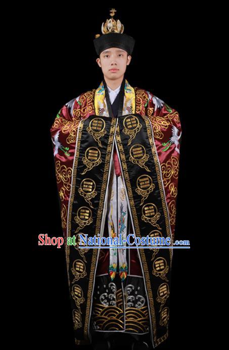 Chinese National Taoist Priest Embroidered Crane Wine Red Cassock Traditional Taoism Rites Costume for Men