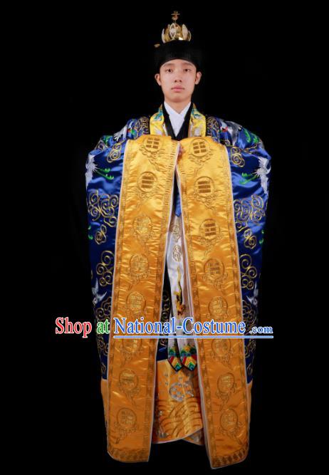 Chinese National Taoist Priest Embroidered Crane Royalblue Cassock Traditional Taoism Rites Costume for Men